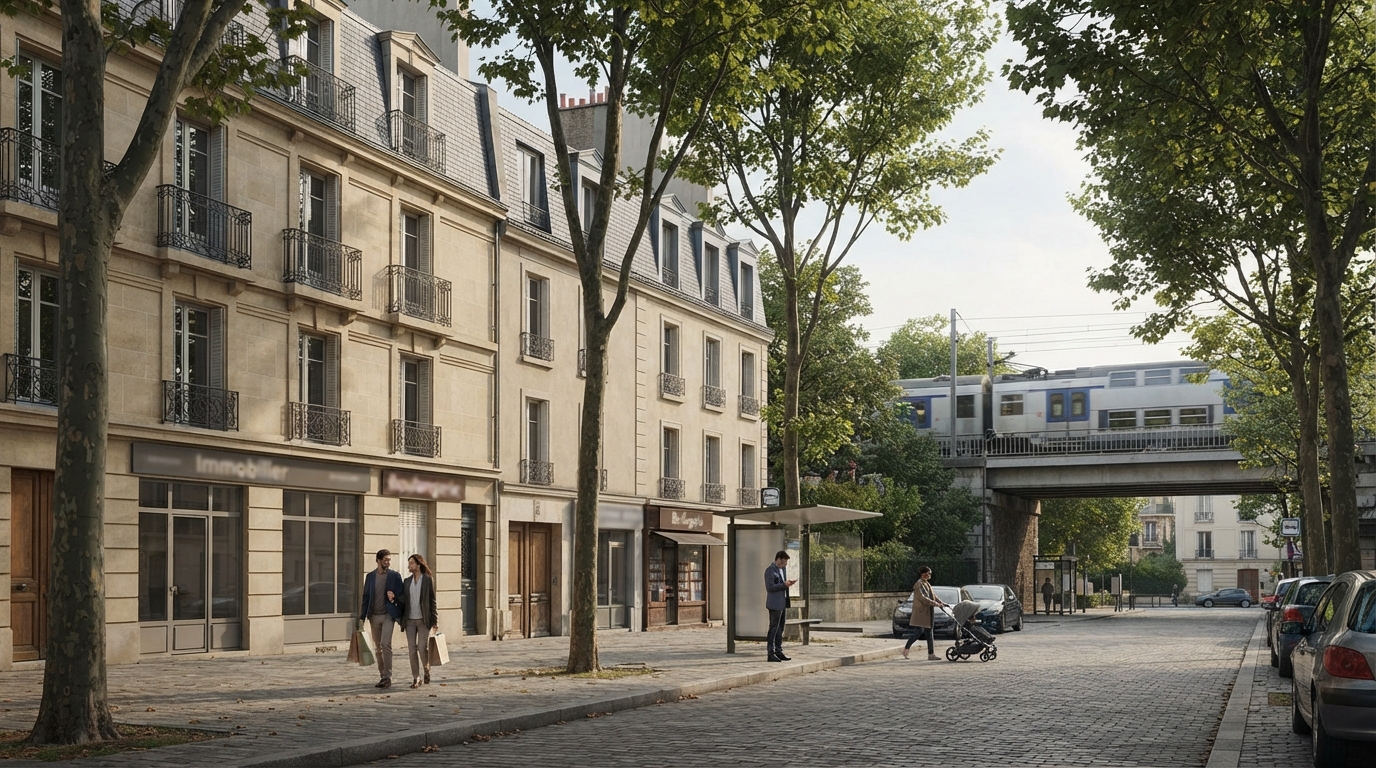 Quartier résidentiel avec des immeubles d'appartements et une ligne de train passant à proximité